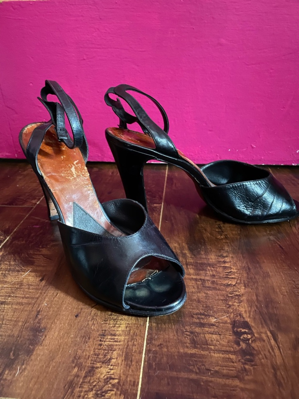 Vtg 1950’s Black leather Open-Toe Ankle-Strap Bettie Page High Heels Women 8.5 - Picture 6 of 8